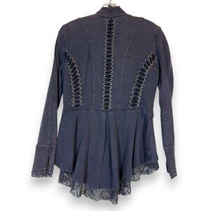 Free People Victorian Lace Up Military Jacket Corset Gray Ruffle Plum Steampunk